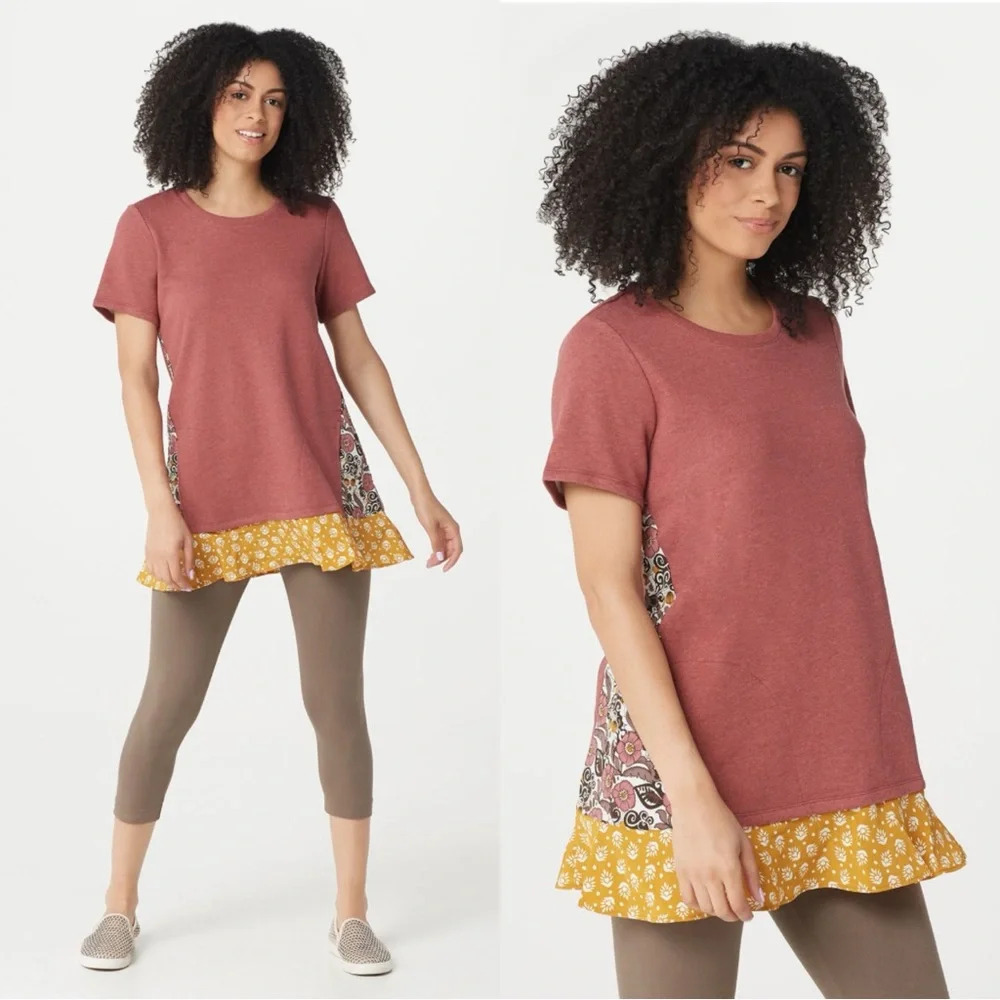 LOGO Lounge French Terry Tunic Top Boho Patchwork Floral Trim Terracotta L